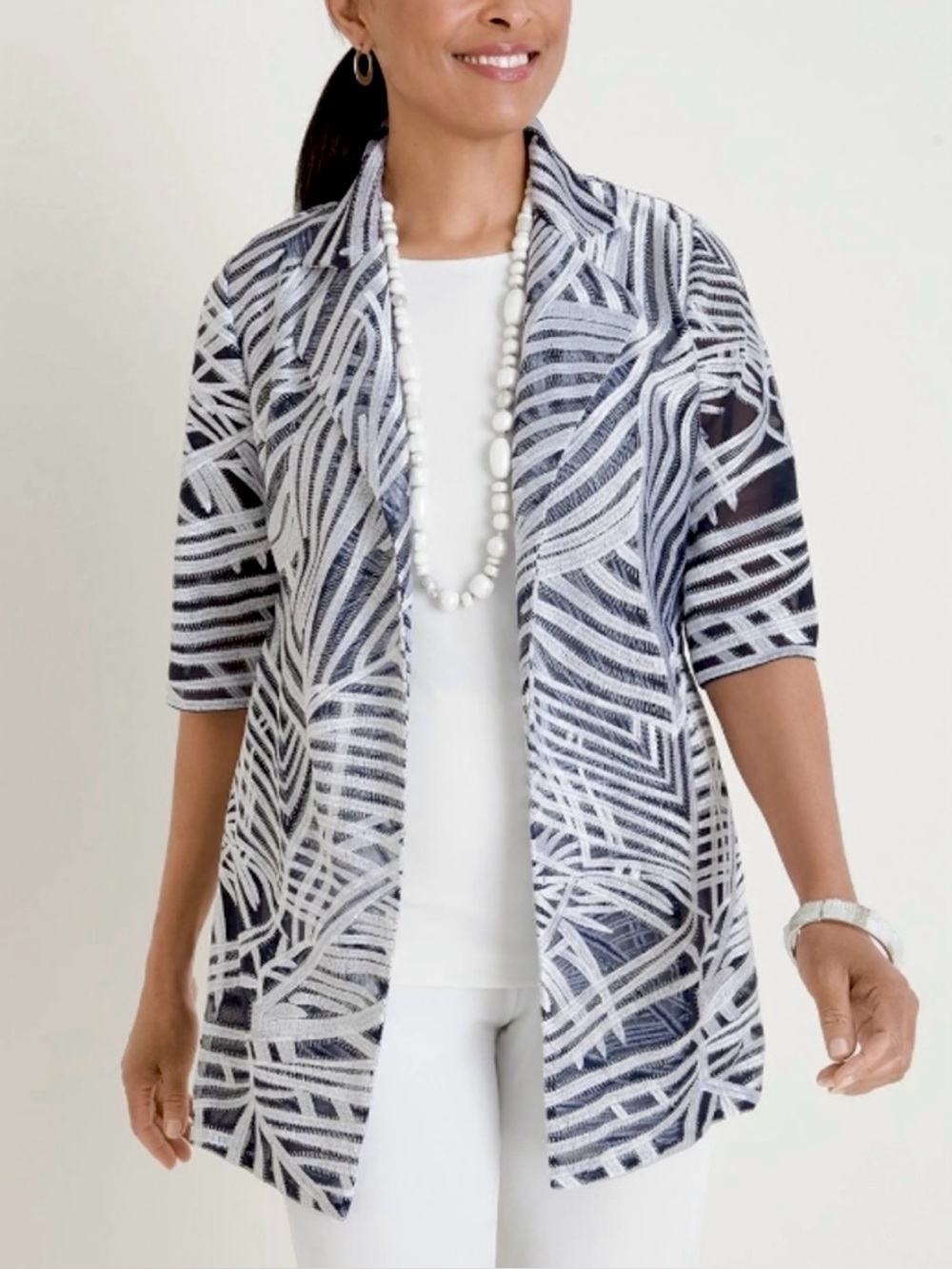 Chicos Travelers Whimsy Mesh Striped Open Front Jacket Cardigan